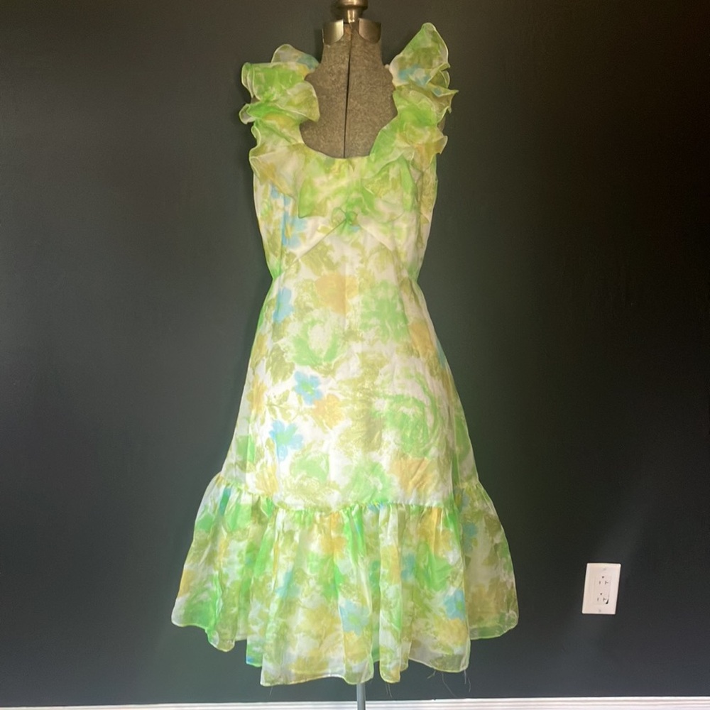 Vintage 1970s Lilli Diamond California Watercolor Floral Chiffon Dress Ruffles